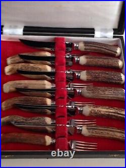 12 Vintage Stag Horn Handle STEAK KNIVES & FORKS The Northern Goldsmiths
