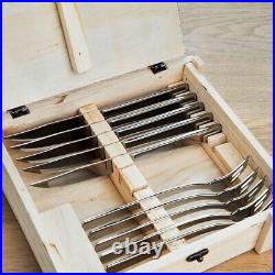 12-piece Steak Cutlery Set for 6 People, 6 Knives and 6 Forks Wood Storage Box