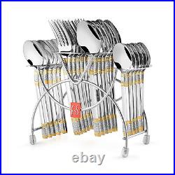 24 Pcs Gold Stainless Steel Flatware Cutlery Set Spoon, Fork With Cutlery Stand