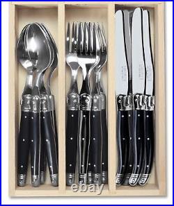 24 Piece Cutlery Set, High Quality Laguiole Cutlery Set in Wooden Tray Black