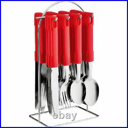 24pc Red Stainless Steel Cutlery Set With Forks Nives Spoons Tea And Stand New
