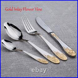 48Pcs/ Set Stainless Steel Western Food Tableware Sets Luxury Gold Inlay Cutlery