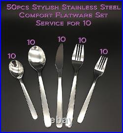 50pcs New Modern, Stylish & Classic Stainless Steel Flatware Set for 10
