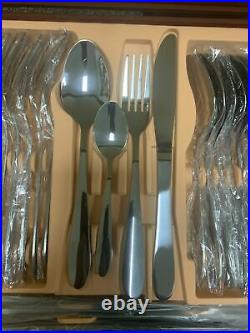 72pc High Quality Cutlery & Servers in Shiny Wooden Cary Case Stainless Steel