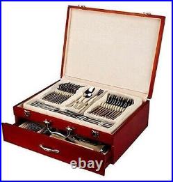 72pcs High Quality Cutlery Set Gold Shiny Wooden Cary Case Stainless Steel