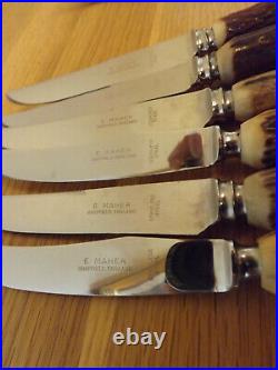 Antler Handled Steak Knife and Fork set of six pairs Maker E. MAHER