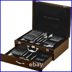 Belleek Living Tidal 72 Pc Stainless Steel Cutlery Set for 10 with Cabinet Brown