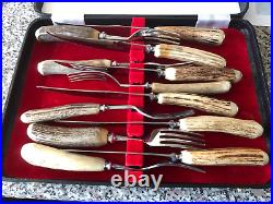 Cased Set Of 6 Scottish Stag Horn Forks And 6 Matching Knives (hugh Fullerton)