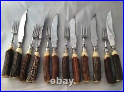 Cased Set Of Stag/Deer/Antler Handle Steak Knives & Forks Francis Howard Ltd
