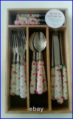 Cath Kidston Provence Rose Cutlery Set 16 Piece Pastel Colours Wooden Tray