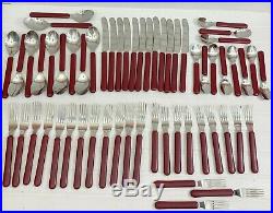 Ikea Vintage 1970s Modern Stainless Flatware Burgundy Handle Large Lot 58 Pieces