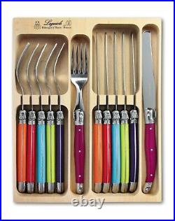 Laguiole Knife and Fork Set 12 Piece Cutlery in Wooden Display Box, Multi Colour