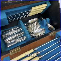 Mid Century Vintage Teak Triangular Fold Out Cutlery Canteen Sheffield Steel