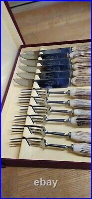 Set of 6 Stag Horn Antler Handle Steak Knives & Forks Harrison Fisher Trafalgar