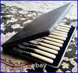 Superb Rare (1950s) English Elkington Steel Knives & Forks Set In Silk Lined Box