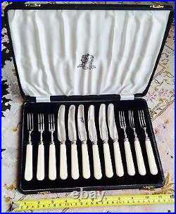 Superb Rare (1950s) English Elkington Steel Knives & Forks Set In Silk Lined Box