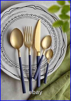 The Mia Matte Gold And Navy Blue Cutlery (Set of 24)