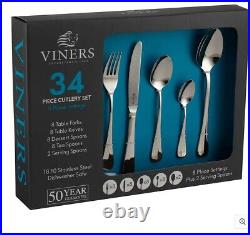 Viners Angel Cutlery Set 34 Pieces Stainless Steel Flatware with Elegant Mirr