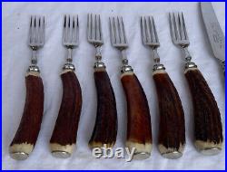 Vintage 12 Stag Antler Handle STEAK KNIVES & FORKS Sheffield + 5 pastry forks
