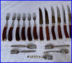 Vintage 12 Stag Antler Handle STEAK KNIVES & FORKS Sheffield + 5 pastry forks