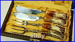 Vintage 4 Piece Fish Seafood Klaus Tragbar Carved Horn Cutlery Serving Set