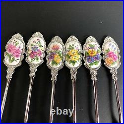Vintage 50s Mid Century Ornate Teaspoon Set Floral Ceramic Tips 5 Japan 6 pc