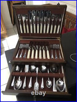 Vintage Chrome Plate Celluloid Handle 49pc Old English Canteen Cutlery Wood
