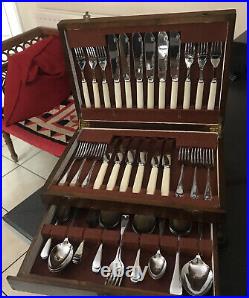 Vintage Chrome Plate Celluloid Handle 49pc Old English Canteen Cutlery Wood