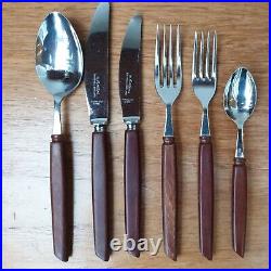 Vintage Mid Century 38pc 60s Teak Wood Cutlery Set De Montfort Sheffield Canteen