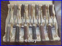 Vintage Set 12 Stag Antler Handle STEAK KNIVES & FORKS Made in Sheffield