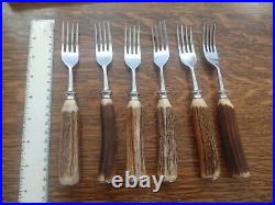 Vintage Set 12 Stag Antler Handle STEAK KNIVES & FORKS Made in Sheffield