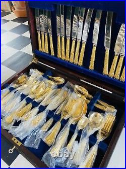 Vintage Sheffield Cutlery Gold Plate Flatware, Set of 83. NEVER BEEN OPENED