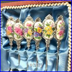 Vtg 50s Mid Century Stainless Appetizer Forks Set Floral Ceramic Tips 5 Japan